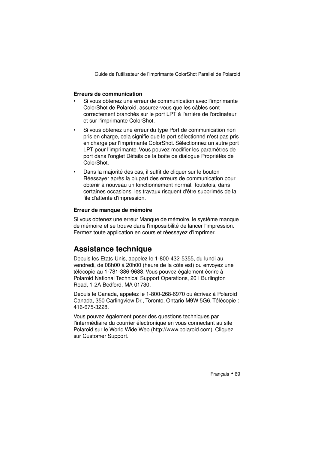 Polaroid DIGITAL PHOTO PRINTER manual Assistance technique, Erreurs de communication, Erreur de manque de mémoire 