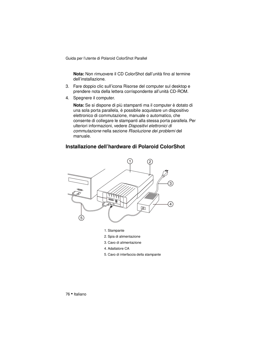 Polaroid DIGITAL PHOTO PRINTER manual Installazione dell’hardware di Polaroid ColorShot 