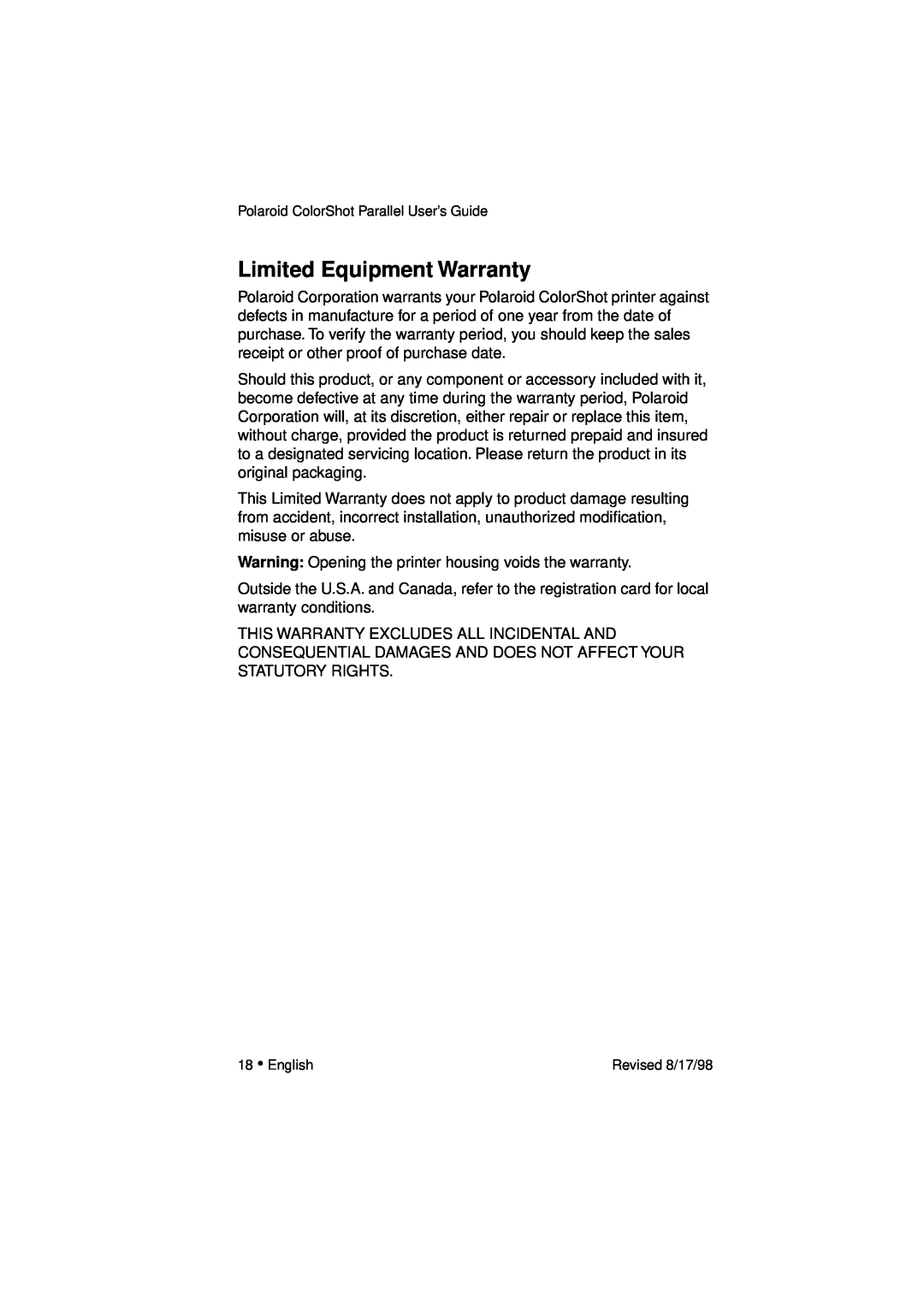 Polaroid DIGITAL PHOTO PRINTER manual Limited Equipment Warranty 