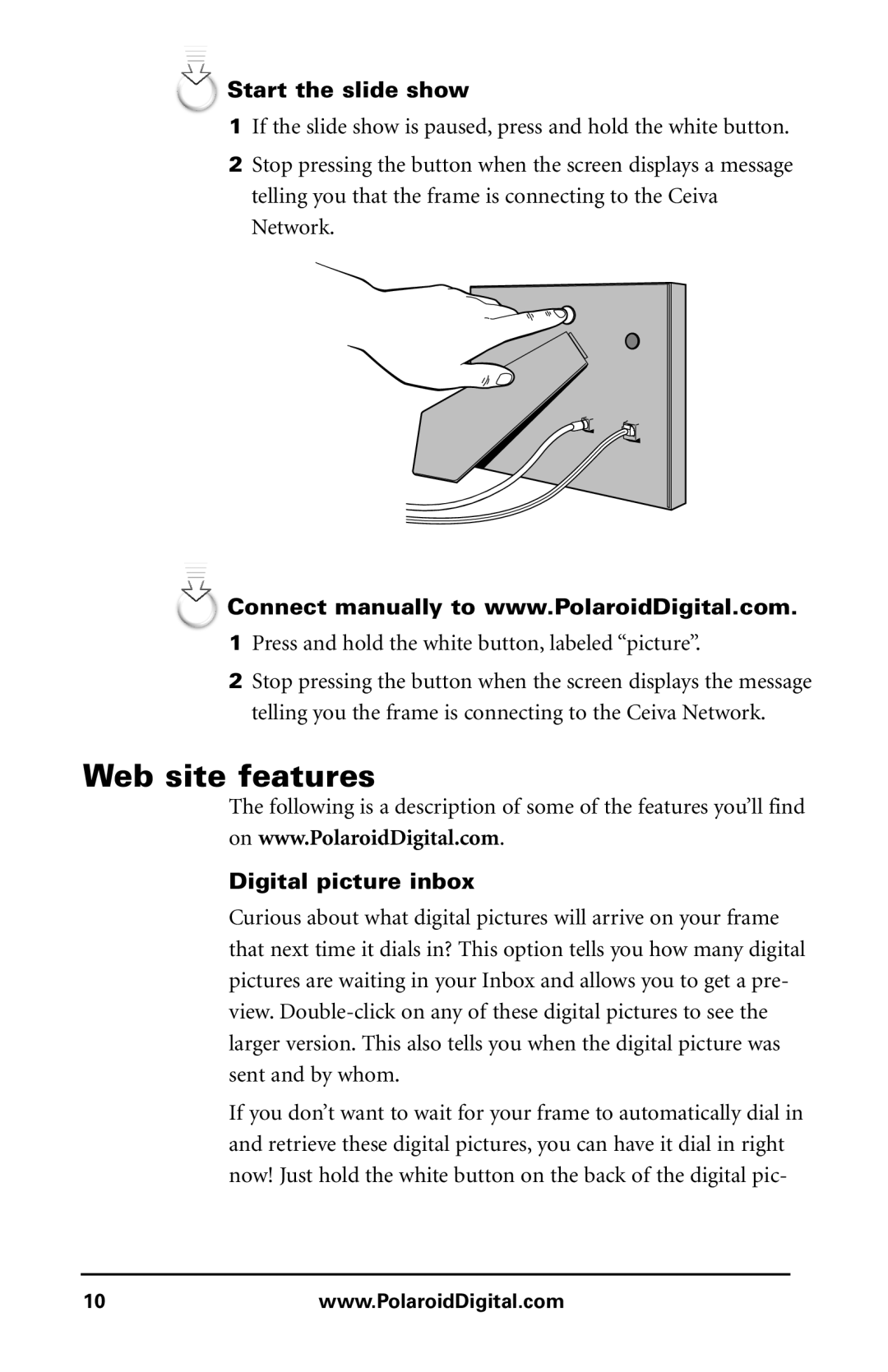 Polaroid Digital Picture Frame manual Web site features, Start the slide show, Digital picture inbox 