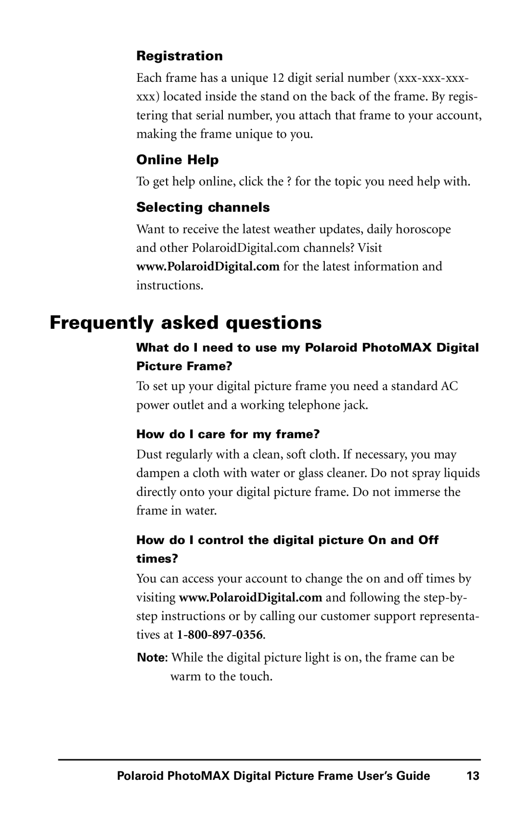 Polaroid Digital Picture Frame manual Frequently asked questions, Registration, Online Help, Selecting channels 
