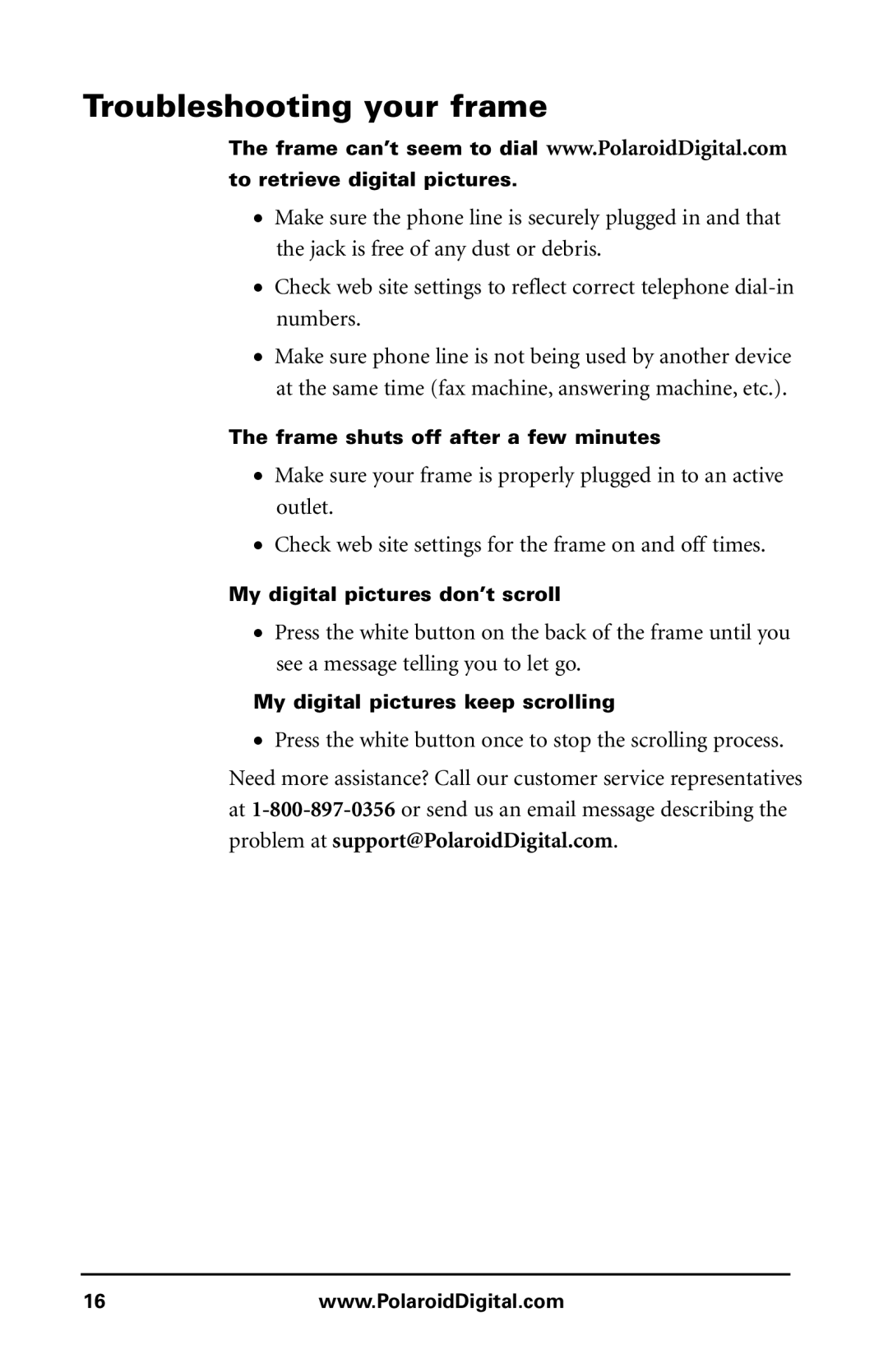 Polaroid Digital Picture Frame manual Troubleshooting your frame 