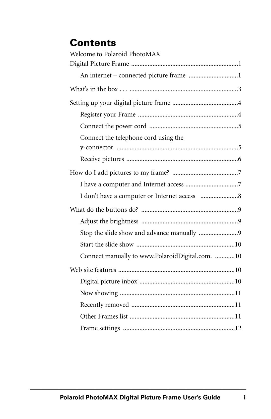 Polaroid Digital Picture Frame manual Contents 