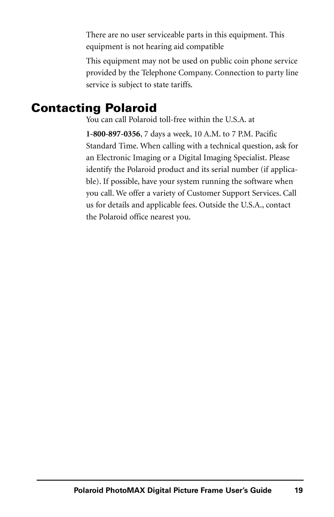 Polaroid Digital Picture Frame manual Contacting Polaroid 