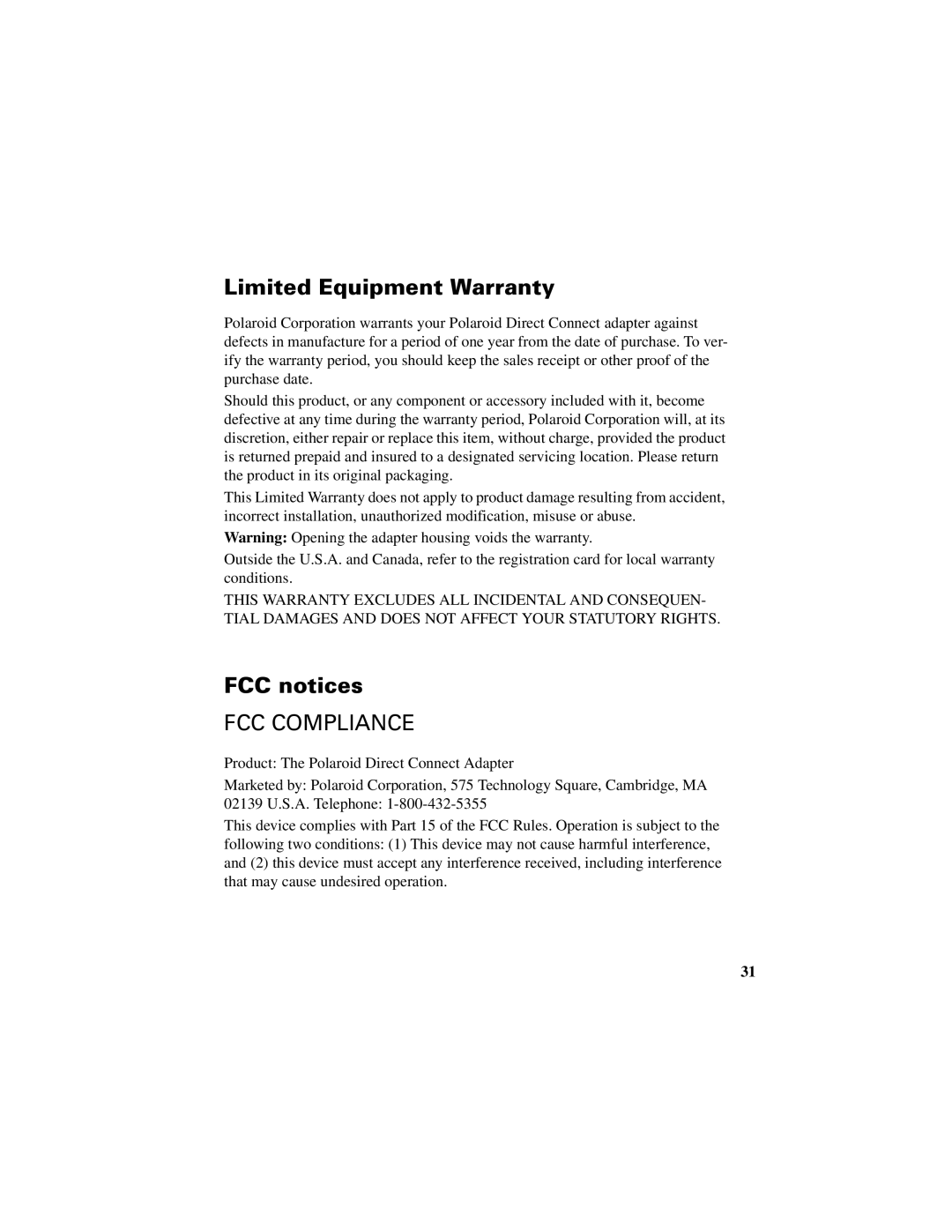 Polaroid Direct Connect Adapter manual Limited Equipment Warranty, FCC notices 