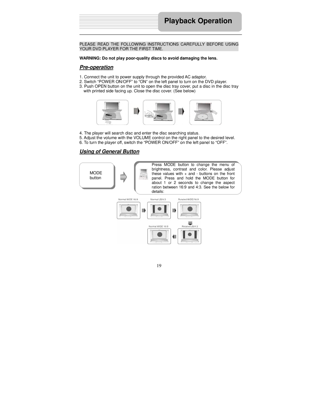 Polaroid DPA-00710S user manual Playback Operation, Pre-operation, Using of General Button, Mode button 