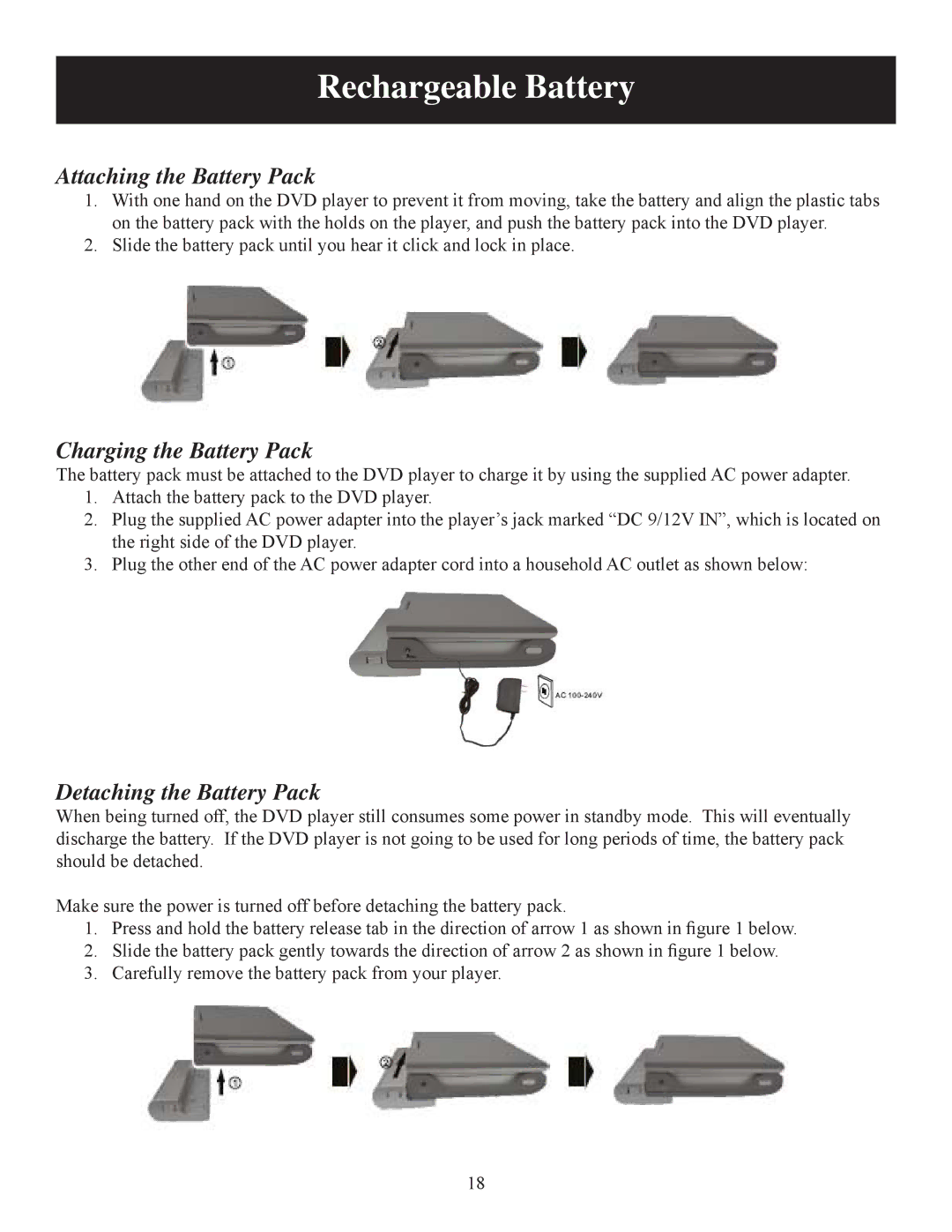 Polaroid DPA-07041S user manual Attaching the Battery Pack, Charging the Battery Pack, Detaching the Battery Pack 