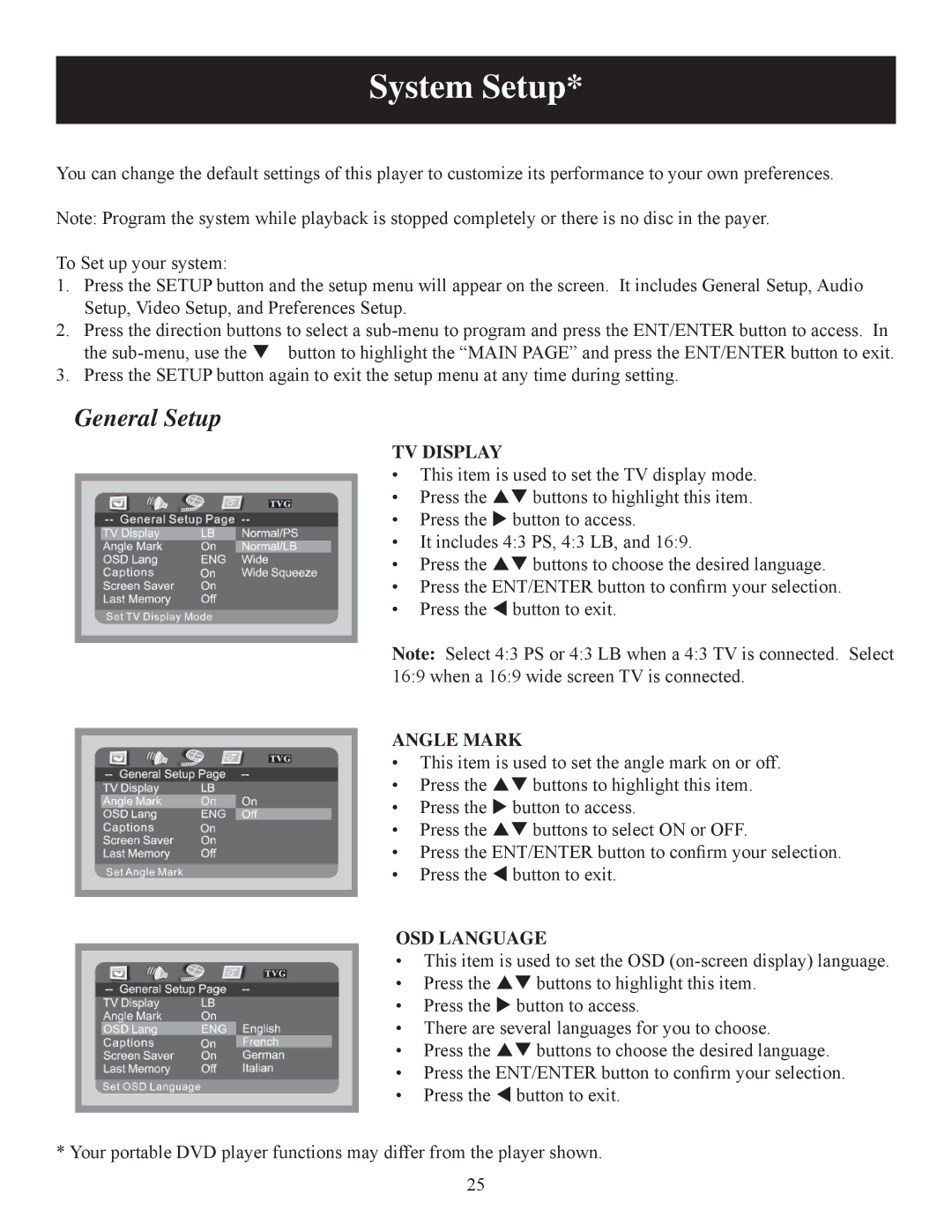 Polaroid DPA-07041S user manual System Setup, TV Display, Angle Mark, OSD Language 