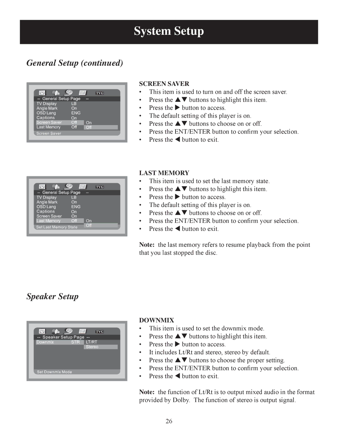 Polaroid DPA-07041S user manual Screen Saver, Last Memory, Downmix 