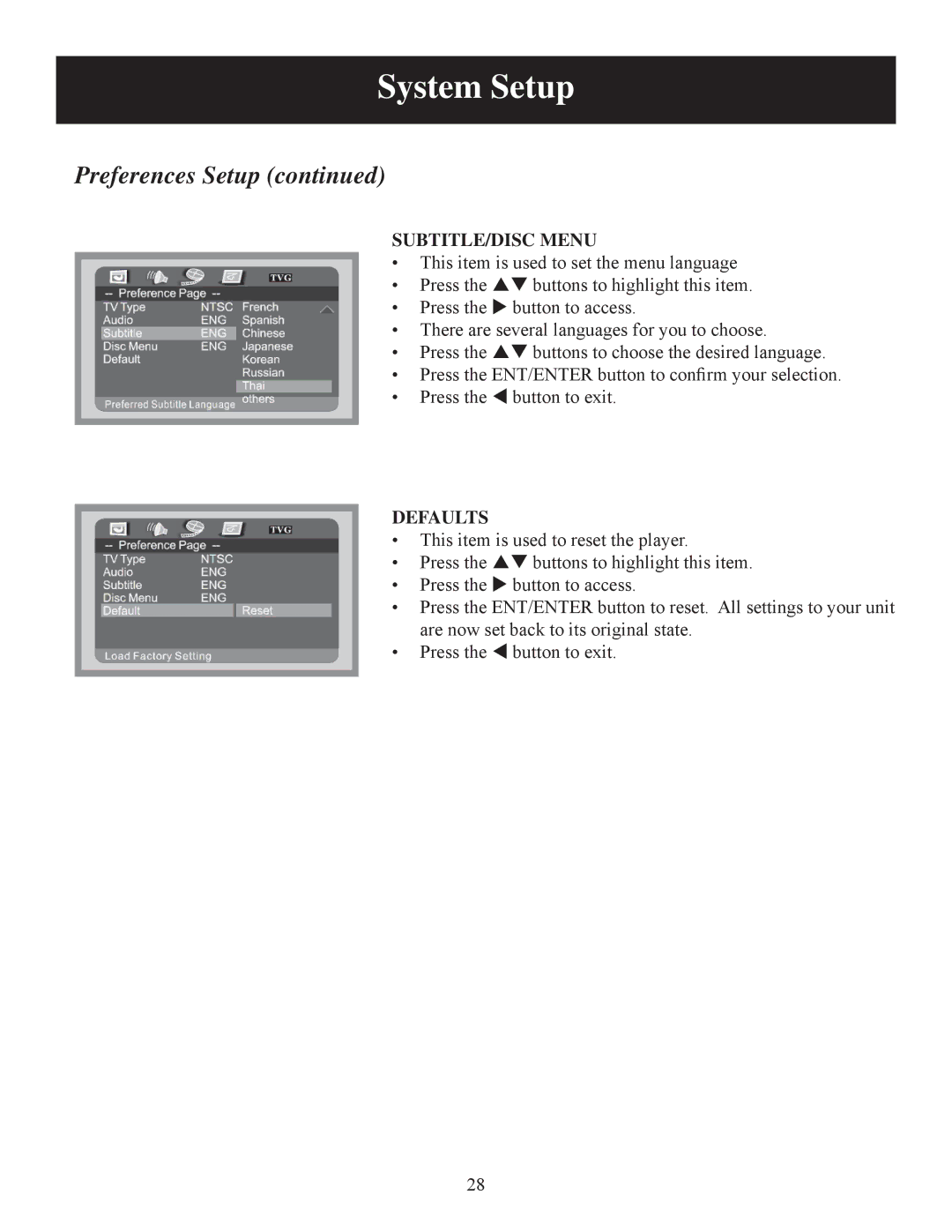 Polaroid DPA-07041S user manual SUBTITLE/DISC Menu, Defaults 