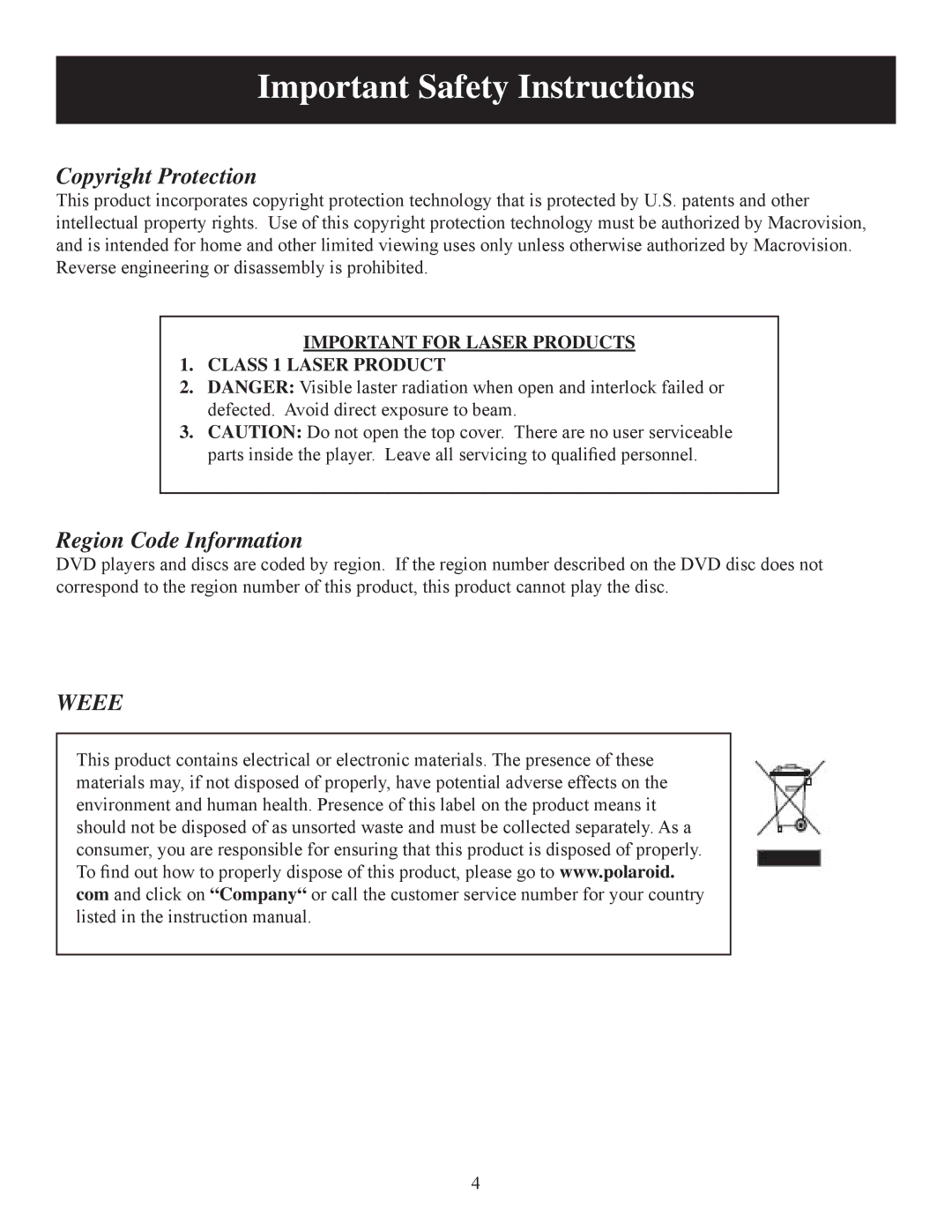 Polaroid DPA-07041S Copyright Protection, Region Code Information, Important for Laser Products Class 1 Laser Product 