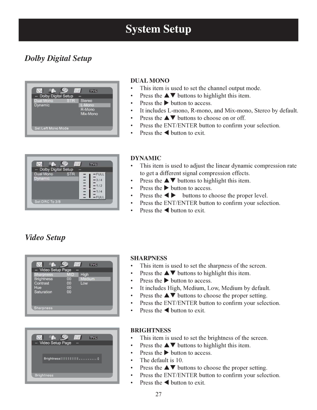 Polaroid DPA-10040K user manual Dual Mono, Dynamic, Sharpness, Brightness 