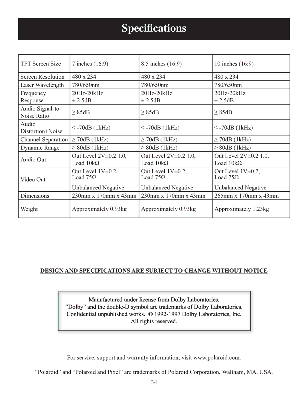 Polaroid DPA-10040K user manual Speciﬁcations 