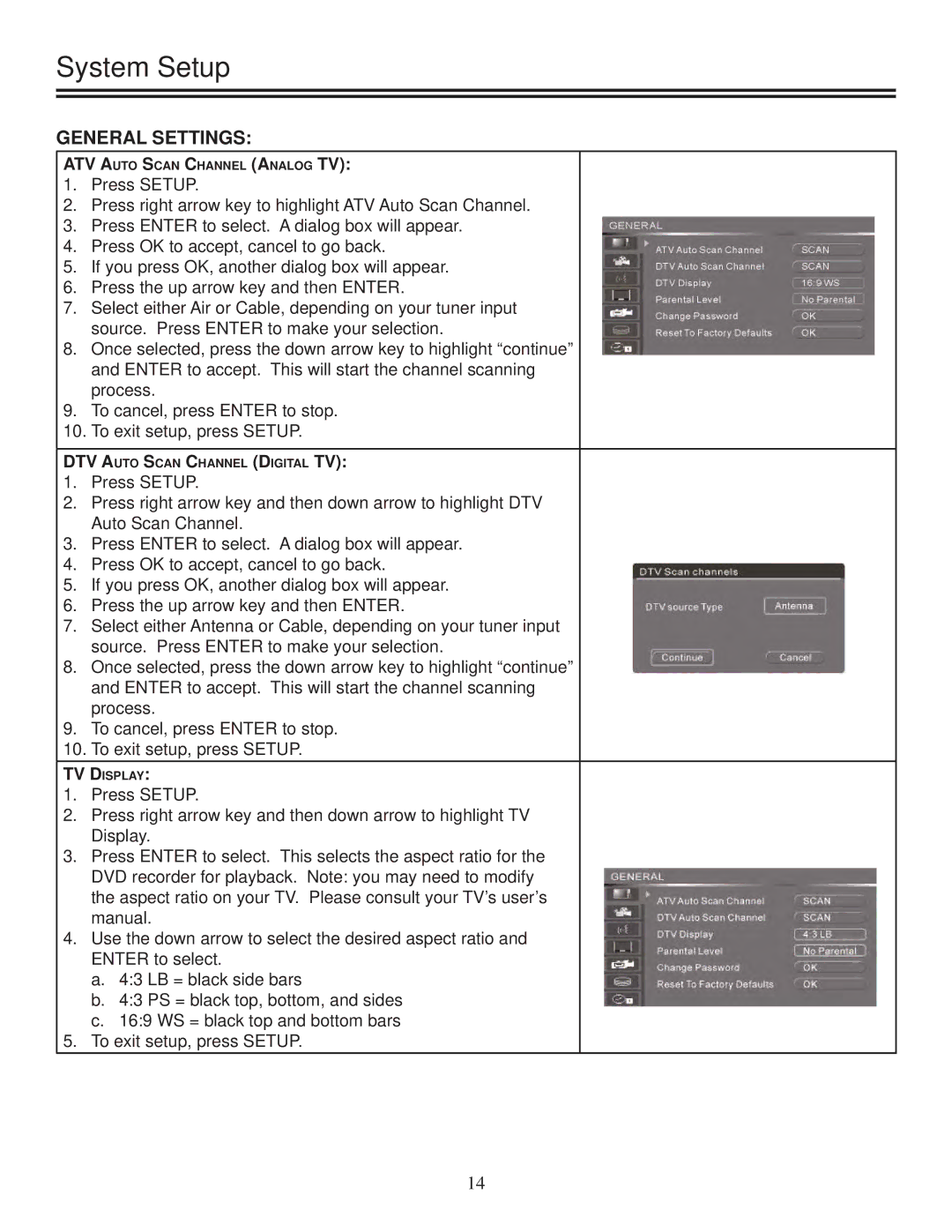 Polaroid DRA-01601A user manual System Setup, General Settings 