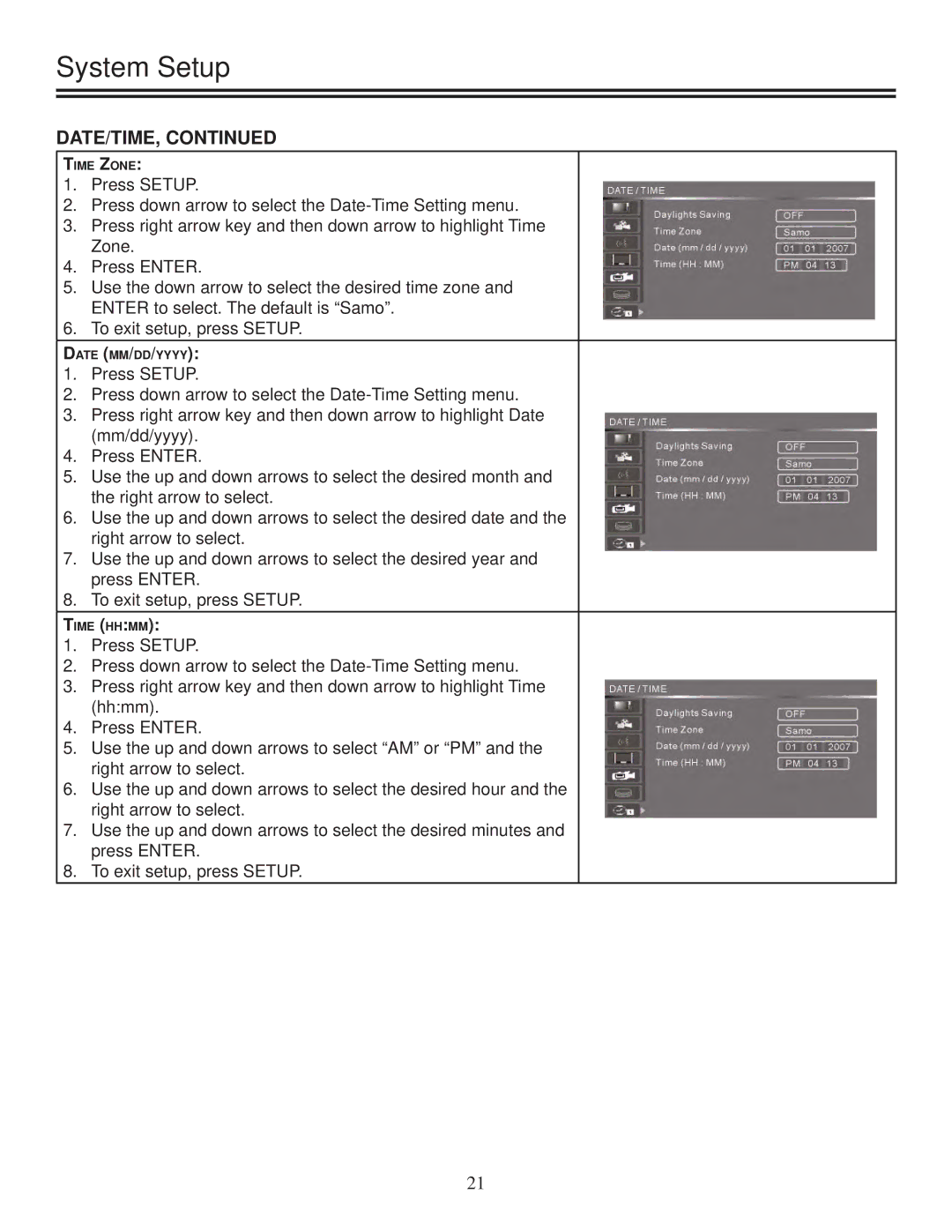 Polaroid DRA-01601A user manual Time Zone 