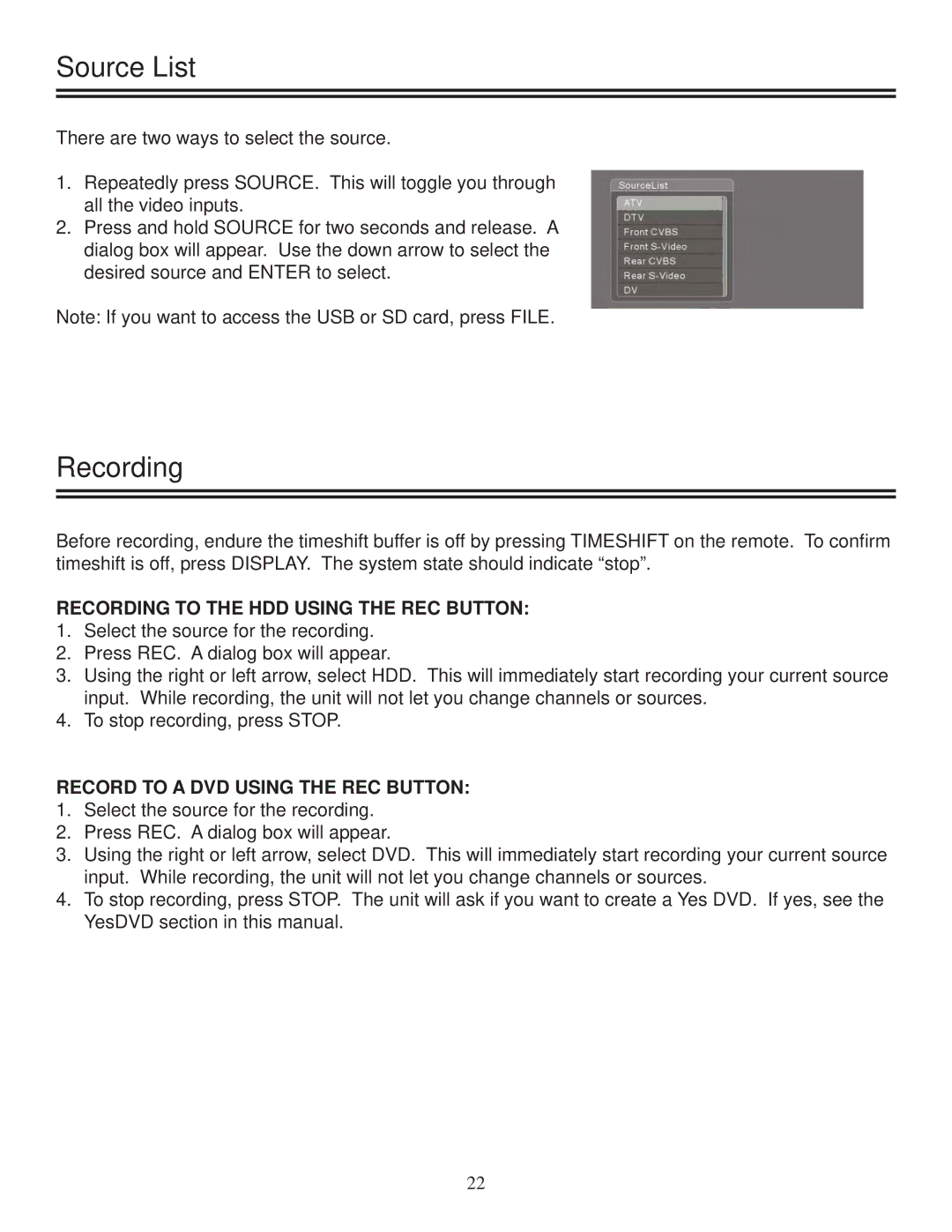 Polaroid DRA-01601A Source List, Recording to the HDD Using the REC Button, Record to a DVD Using the REC Button 