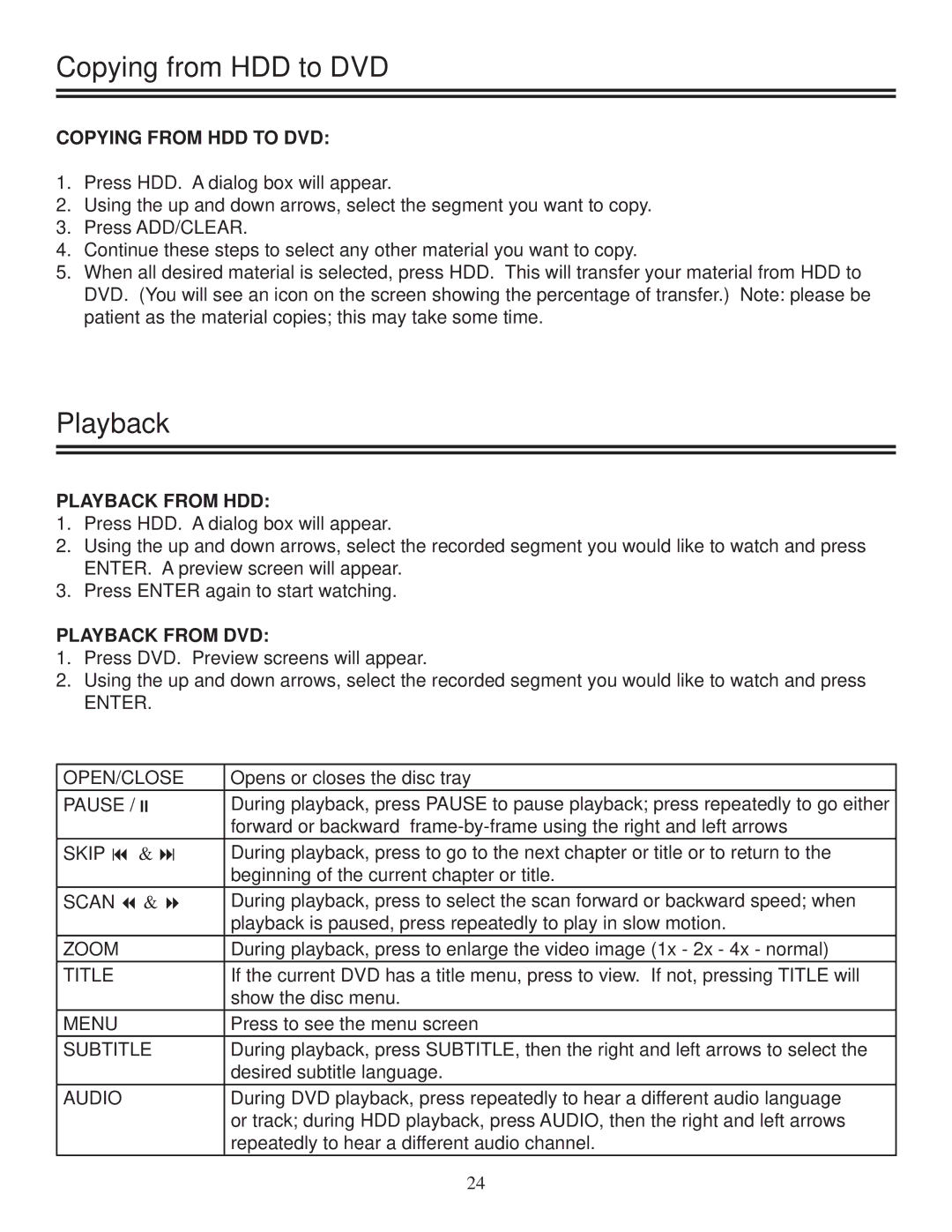 Polaroid DRA-01601A user manual Copying from HDD to DVD, Playback from HDD, Playback from DVD 