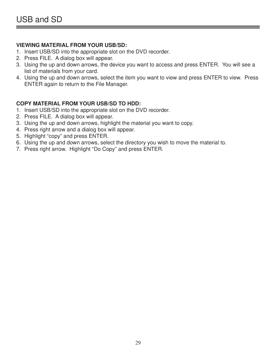 Polaroid DRA-01601A user manual USB and SD, Viewing Material from Your USB/SD, Copy Material from Your USB/SD to HDD 