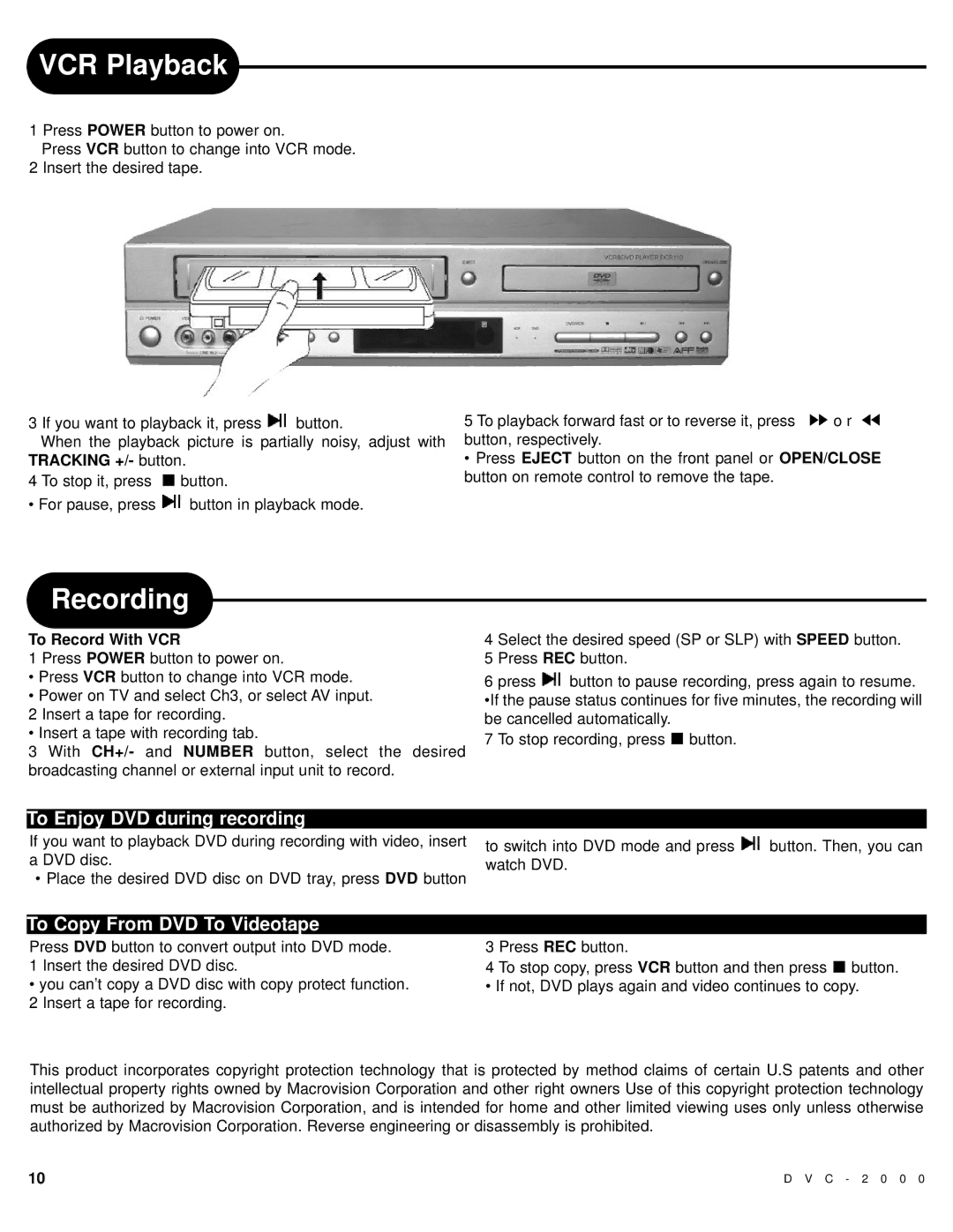 Polaroid DVC-2000 manual VCR Playback, Recording, To Enjoy DVD during recording, To Copy From DVD To Videotape 