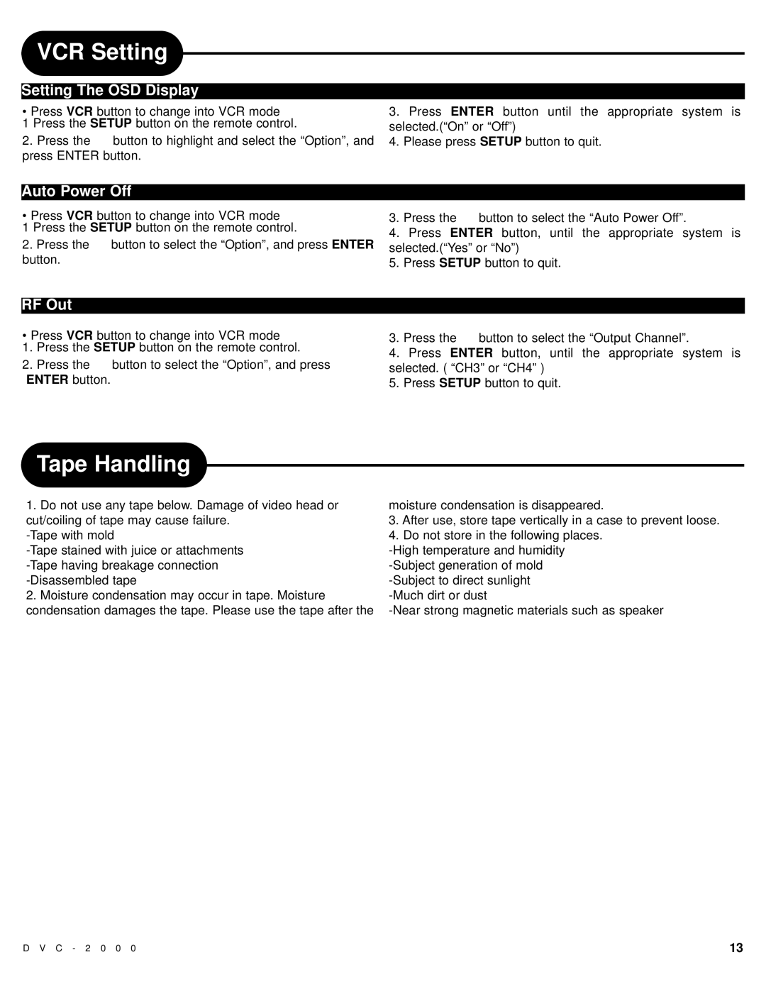 Polaroid DVC-2000 manual Tape Handling, Setting The OSD Display, Auto Power Off, RF Out 