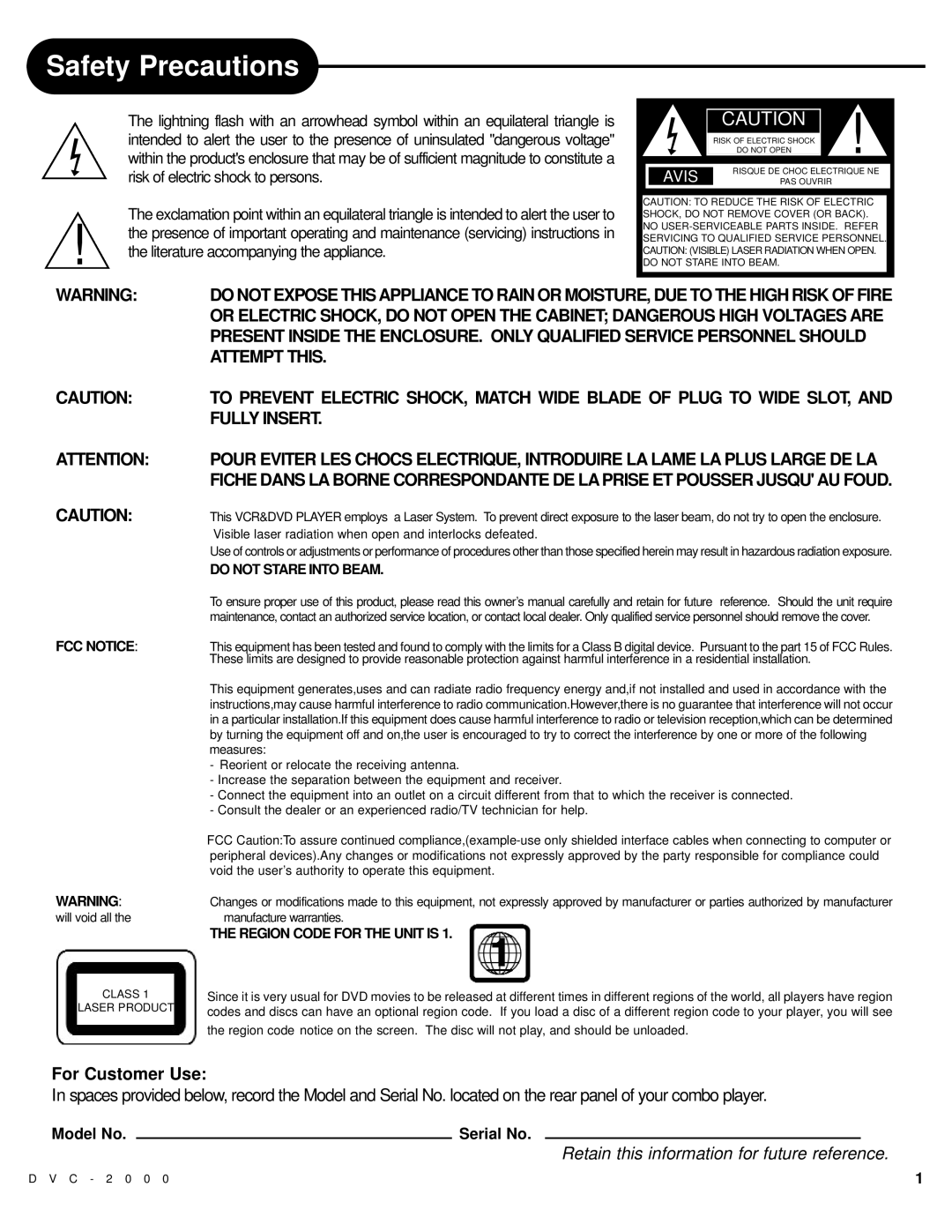 Polaroid DVC-2000 manual Safety Precautions, For Customer Use, Model No 