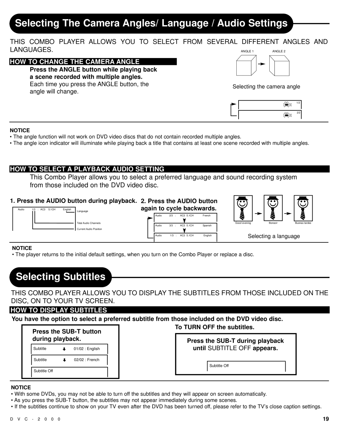 Polaroid DVC-2000 manual Selecting Subtitles, HOW to Display Subtitles, Press the Audio button again to cycle backwards 