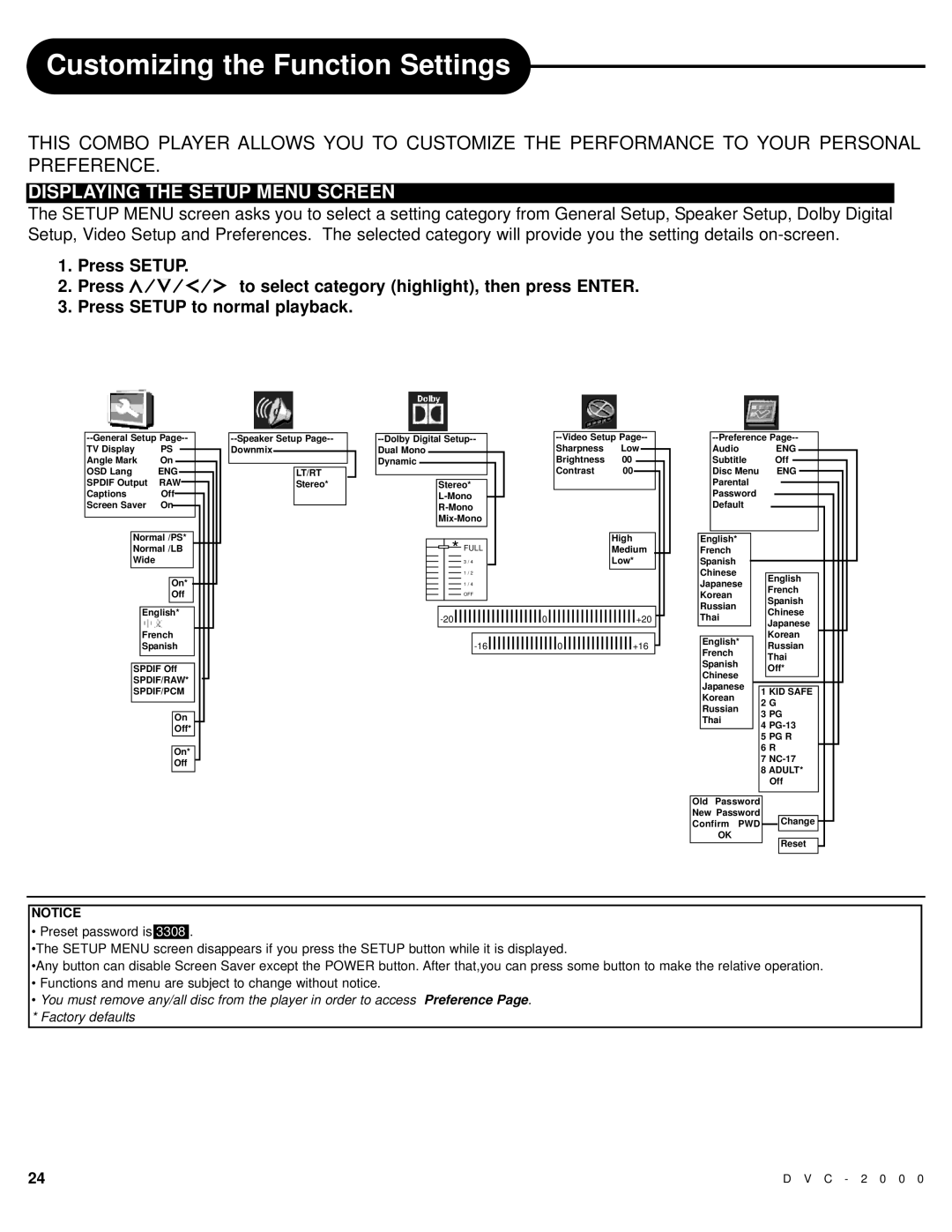 Polaroid DVC-2000 manual Customizing the Function Settings, Displaying the Setup Menu Screen 