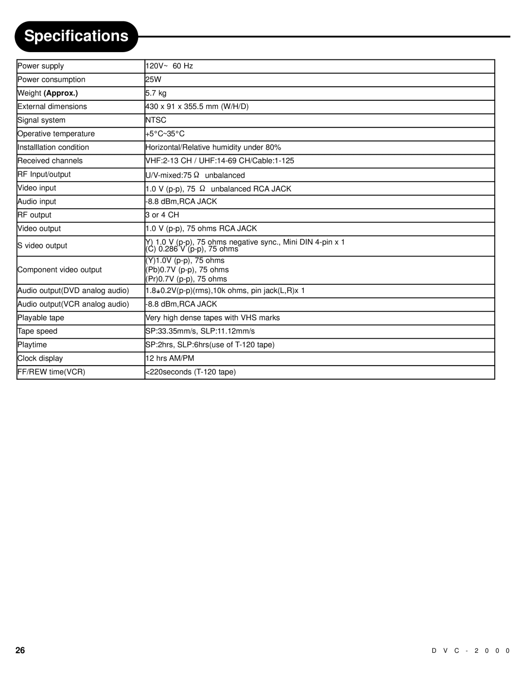 Polaroid DVC-2000 manual Specifications, Weight Approx 