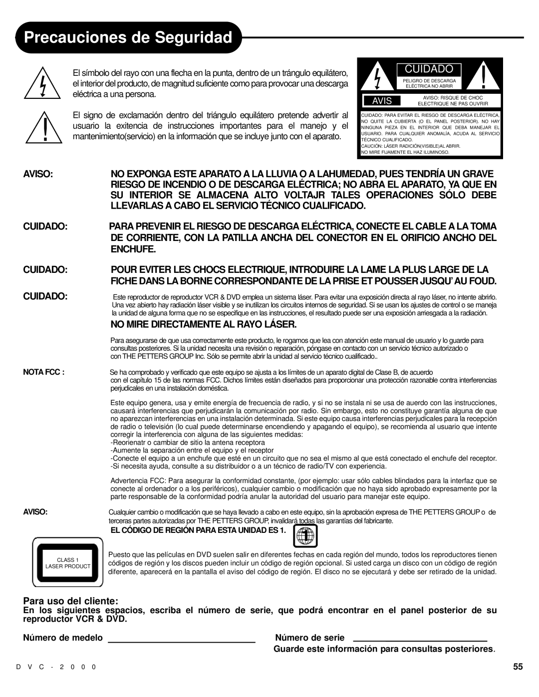 Polaroid DVC-2000 manual Precauciones de Seguridad, Para uso del cliente 