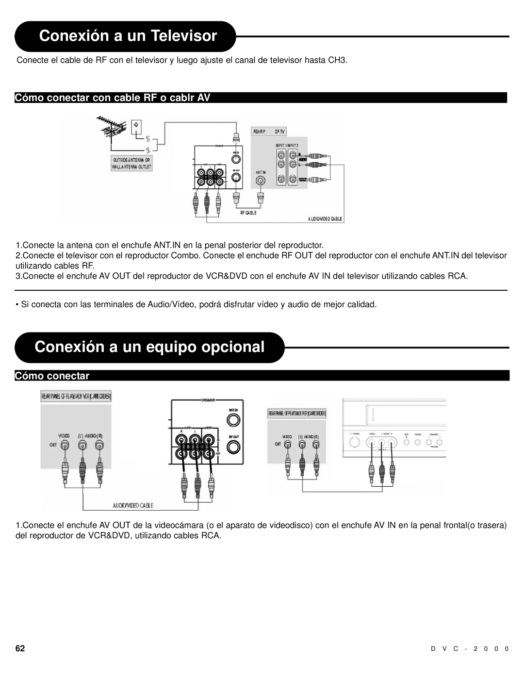 Polaroid DVC-2000 manual Conexión a un Televisor, Conexión a un equipo opcional, Cómo conectar con cable RF o cablr AV 