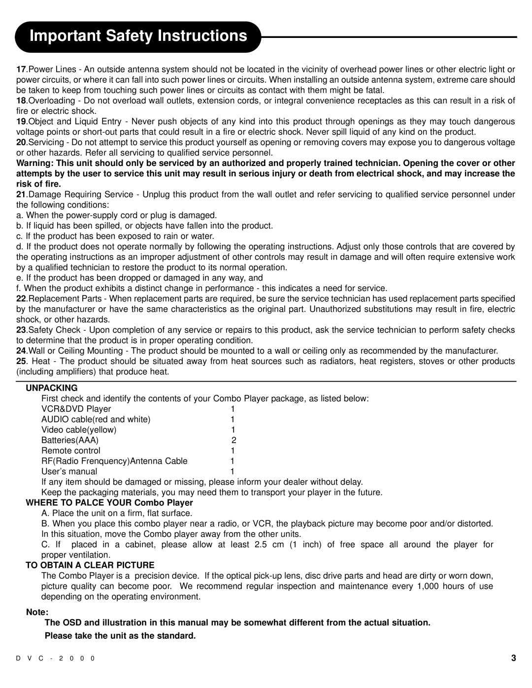 Polaroid DVC-2000 manual Unpacking, To Obtain a Clear Picture 