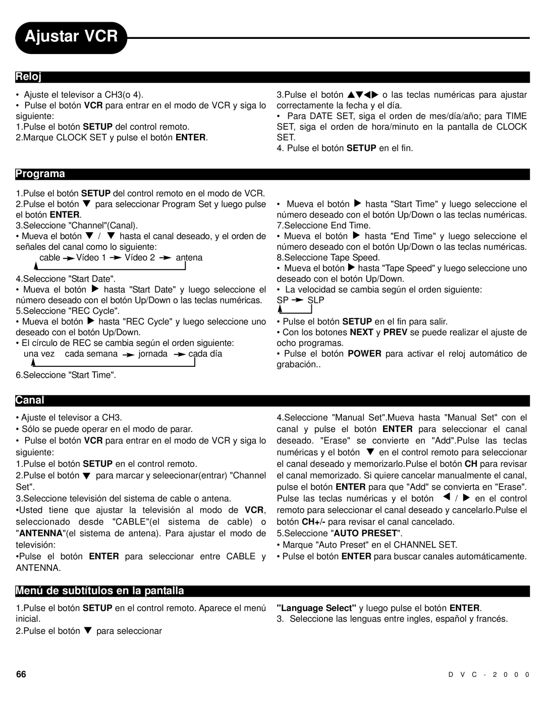 Polaroid DVC-2000 manual Ajustar VCR, Reloj, Programa, Canal, Menú de subtítulos en la pantalla 