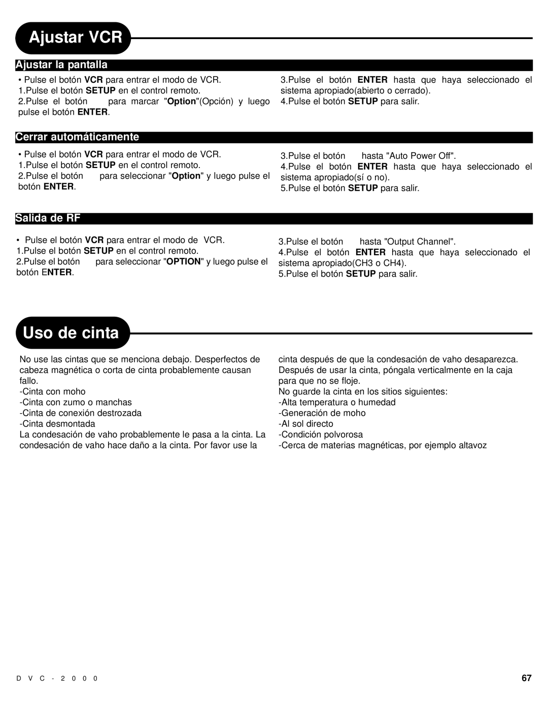 Polaroid DVC-2000 manual Uso de cinta, Ajustar la pantalla, Cerrar automáticamente, Salida de RF 