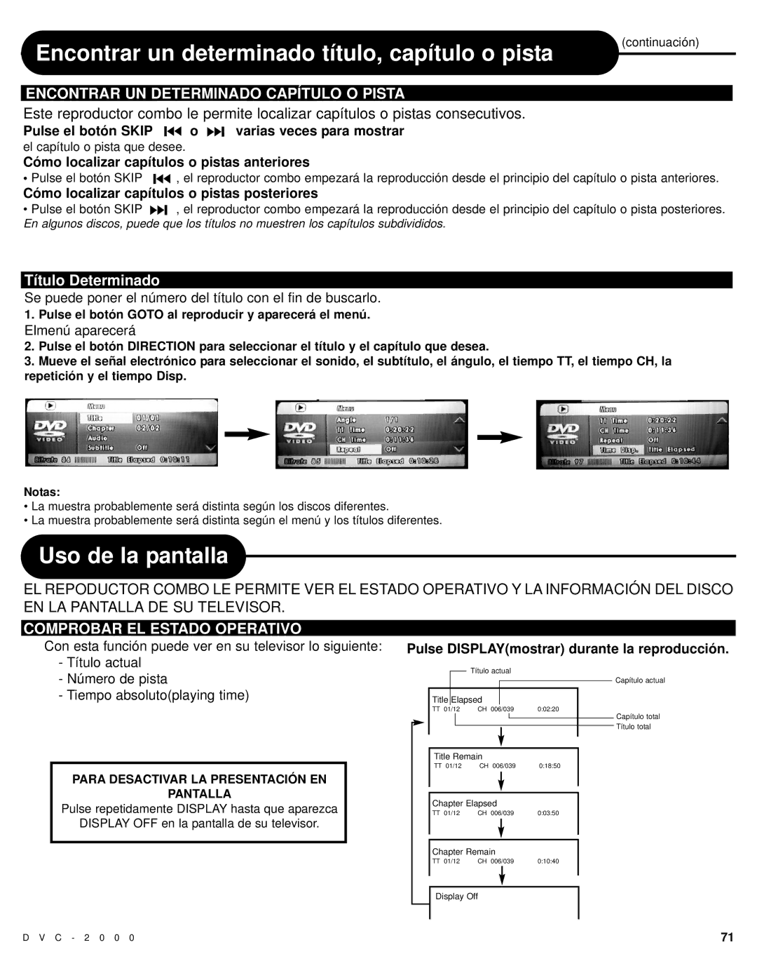 Polaroid DVC-2000 manual Uso de la pantalla, Encontrar UN Determinado Capítulo O Pista, Título Determinado 