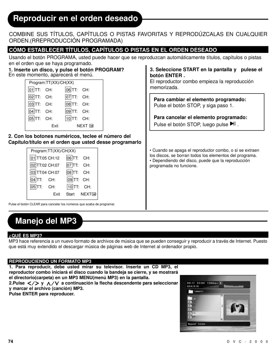 Polaroid DVC-2000 Reproducir en el orden deseado, Manejo del MP3, Seleccione Start en la pantalla y pulese el botón Enter 