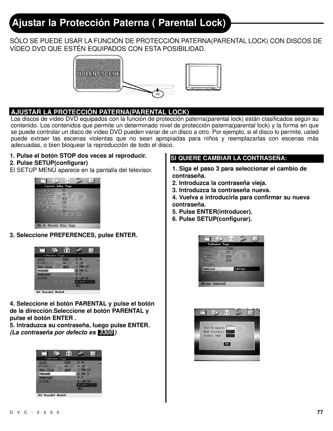 Polaroid DVC-2000 manual Ajustar la Protección Paterna Parental Lock, Ajustar LA Protección Paternaparental Lock 