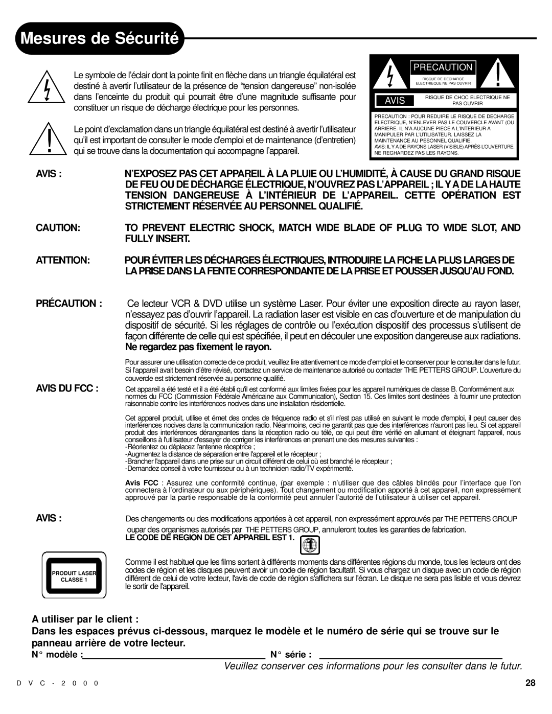 Polaroid DVC-2000 manual Mesures de Sécurité, Ne regardez pas fixement le rayon, Modèle Série 