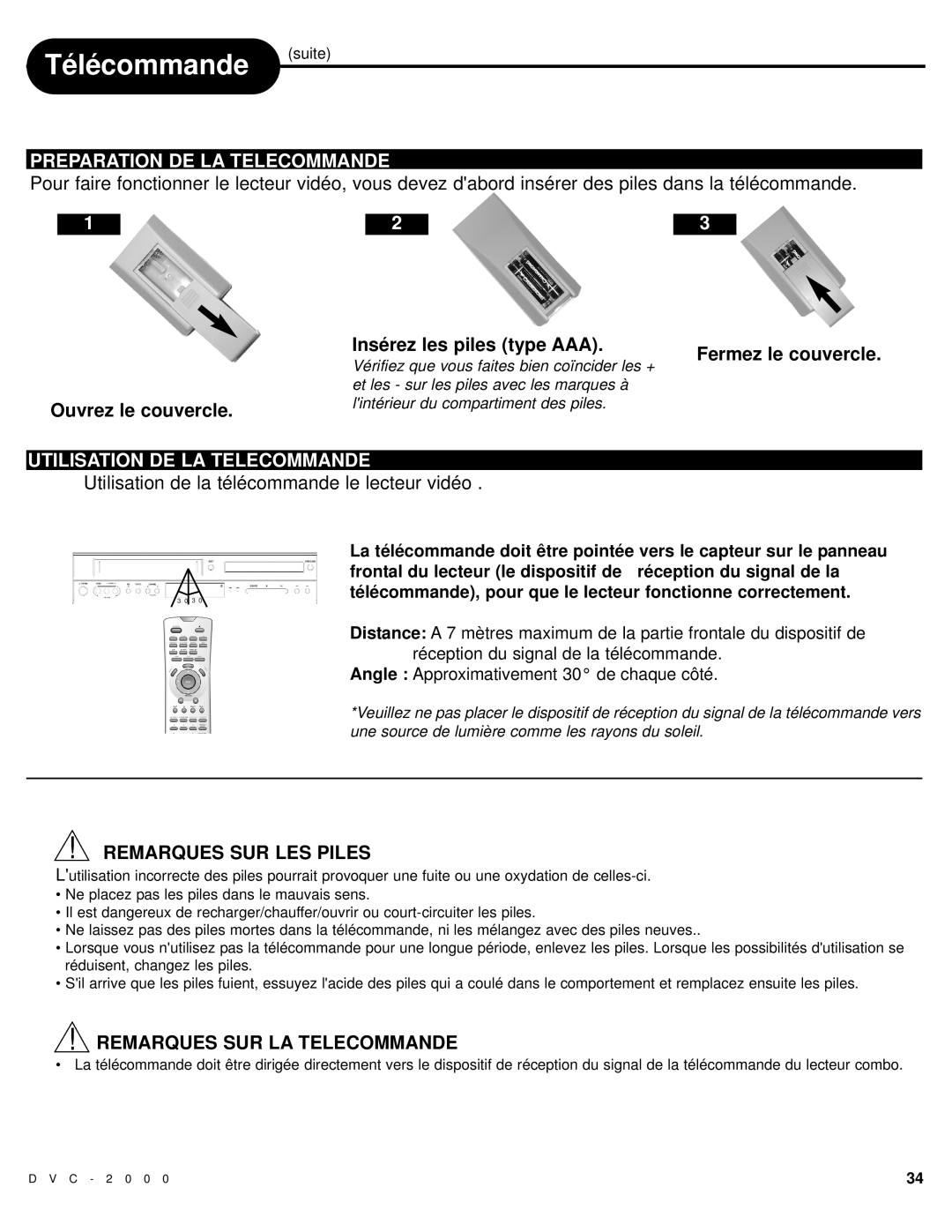 Polaroid DVC-2000 manual Télécommande suite, Preparation DE LA Telecommande, Utilisation DE LA Telecommande 