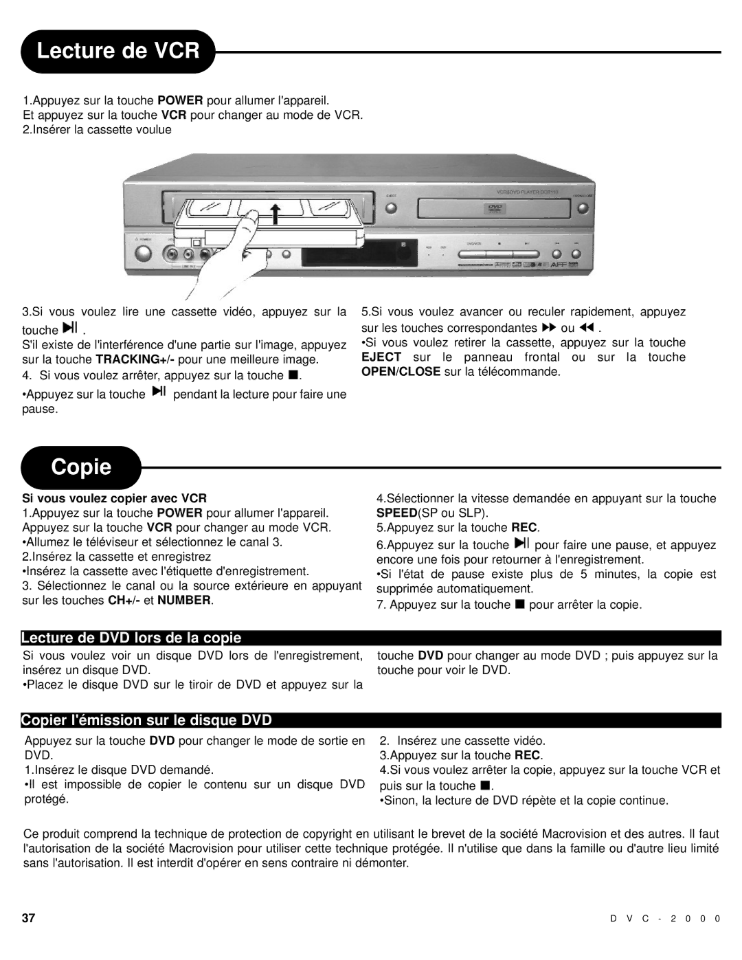 Polaroid DVC-2000 manual Lecture de VCR, Lecture de DVD lors de la copie, Copier lémission sur le disque DVD 