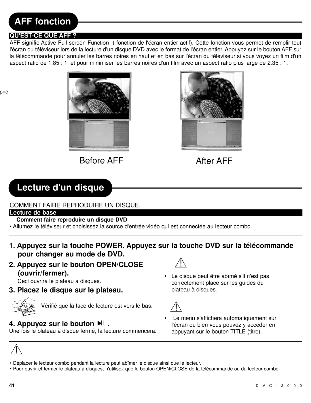 Polaroid DVC-2000 manual AFF fonction, Lecture dun disque, Quest-Ce Que Aff ?, Lecture de base 