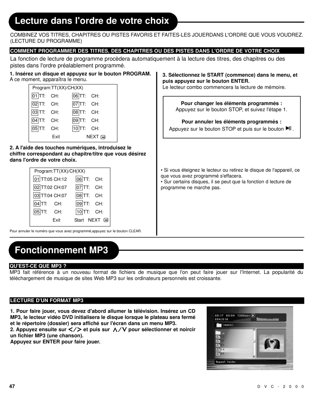 Polaroid DVC-2000 manual Lecture dans lordre de votre choix, Fonctionnement MP3, Pour changer les éléments programmés 