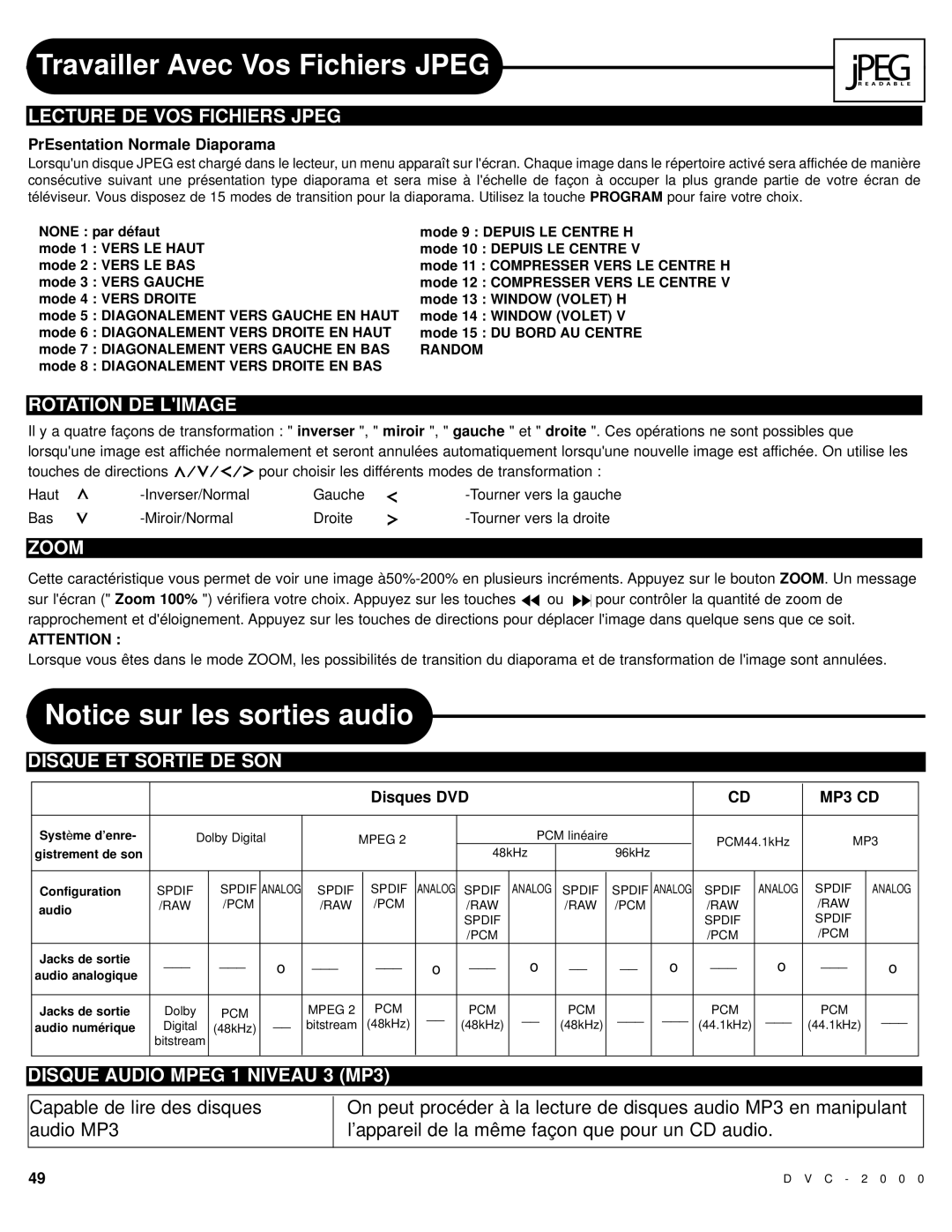 Polaroid DVC-2000 manual Travailler Avec Vos Fichiers Jpeg, Lecture DE VOS Fichiers Jpeg, Disque ET Sortie DE SON 