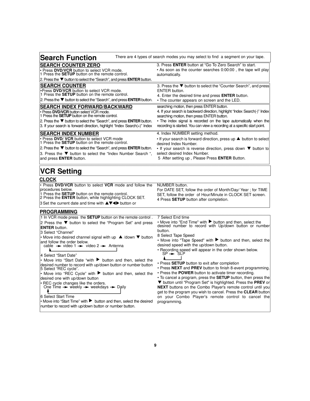 Polaroid DVC-2010 manual Search Function, VCR Setting 