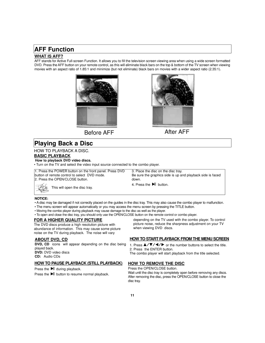 Polaroid DVC-2010 manual AFF Function, Playing Back a Disc 