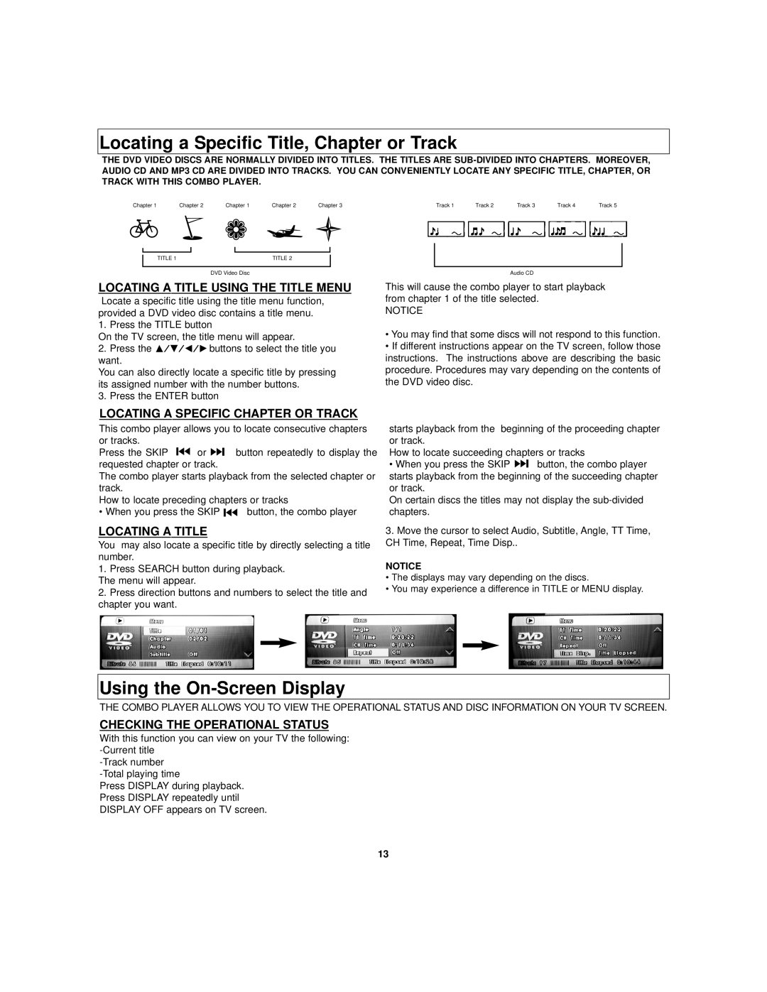 Polaroid DVC-2010 manual Locating a Specific Title, Chapter or Track, Using the On-Screen Display 