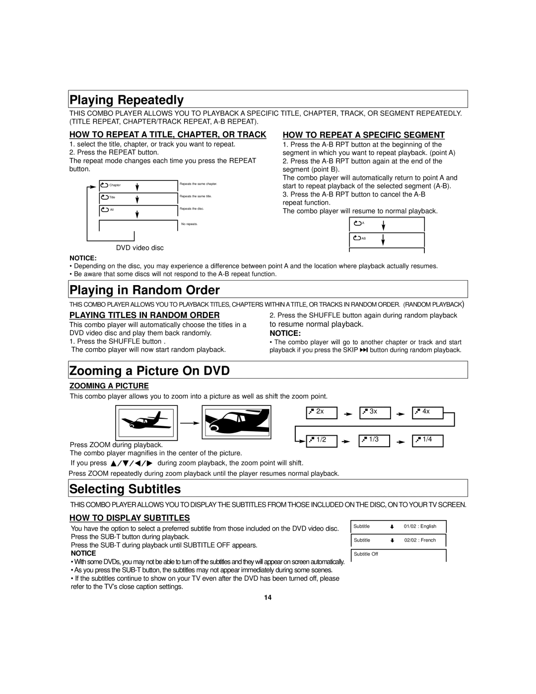 Polaroid DVC-2010 manual Playing Repeatedly, Playing in Random Order, Zooming a Picture On DVD, Selecting Subtitles 