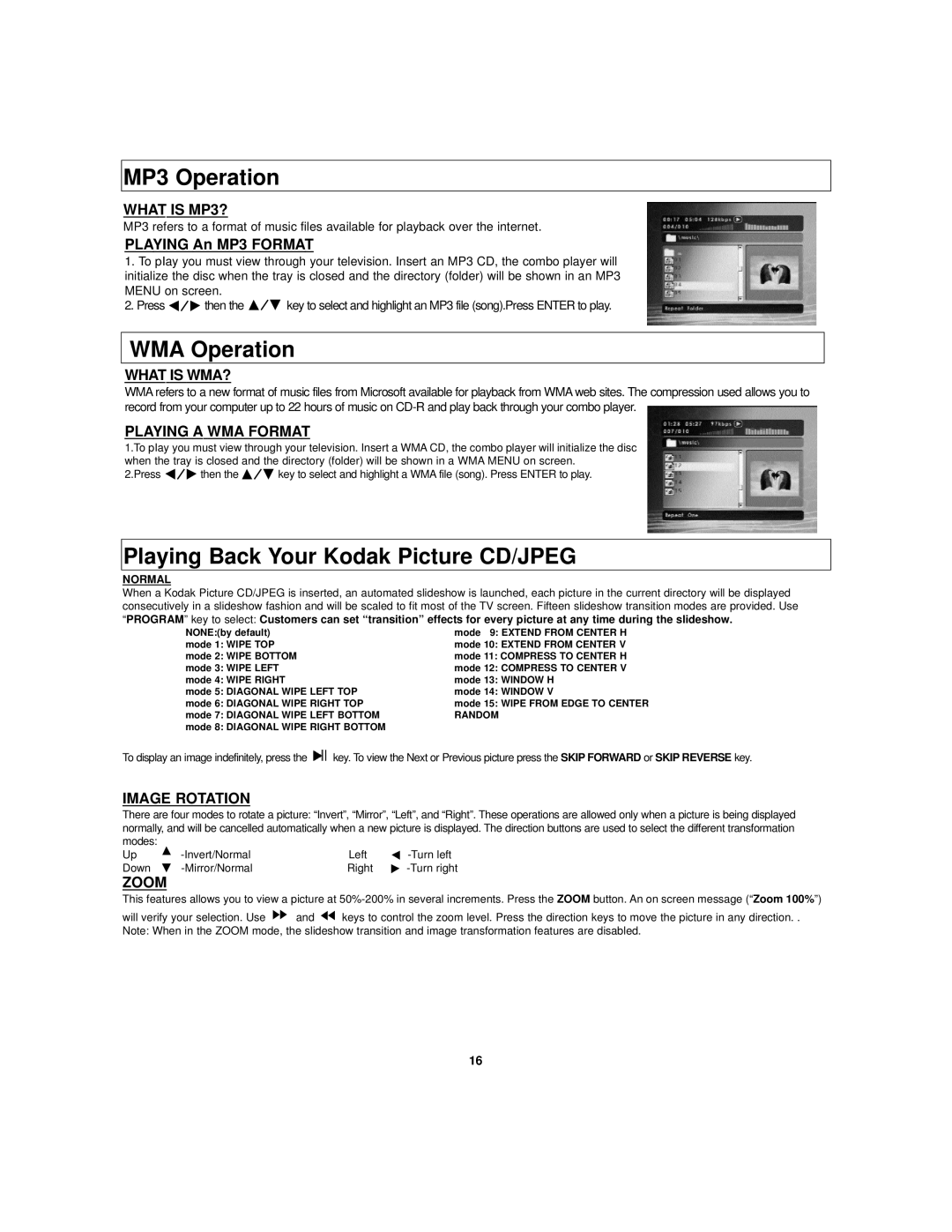 Polaroid DVC-2010 manual MP3 Operation, WMA Operation, Playing Back Your Kodak Picture CD/JPEG 