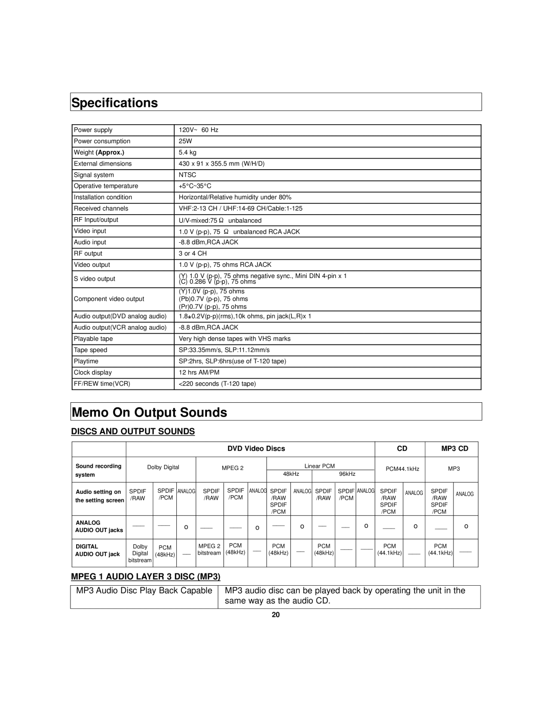 Polaroid DVC-2010 manual Specifications, Memo On Output Sounds, Discs and Output Sounds, Mpeg 1 Audio Layer 3 Disc MP3 