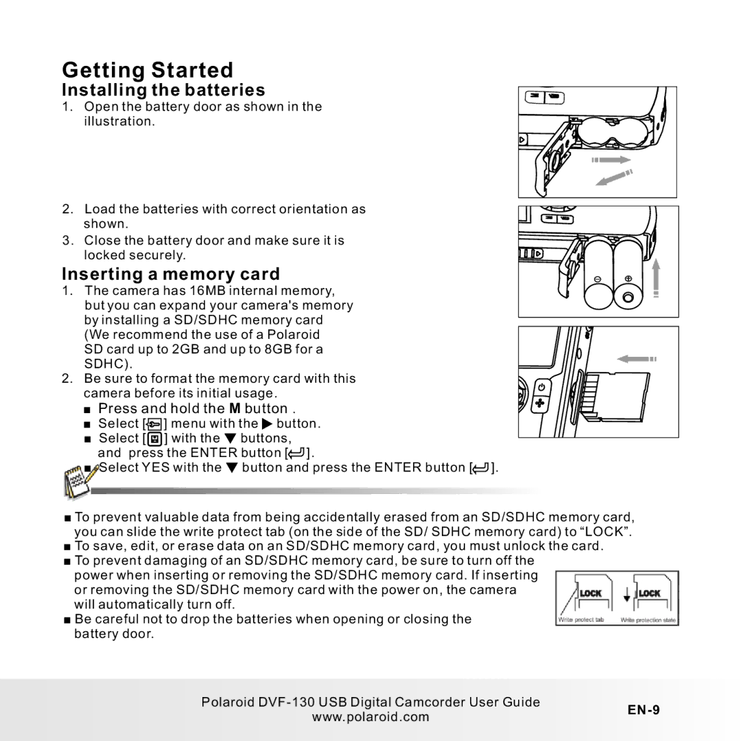 Polaroid DVF-130LC user manual Installing the batteries, Inserting a memory card, Press and hold the M button, EN-9 