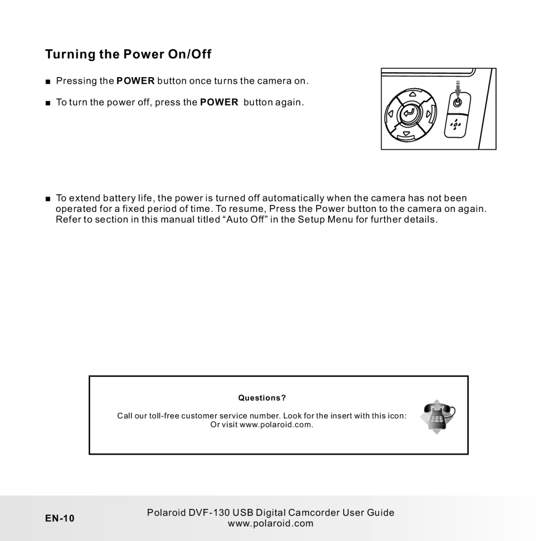 Polaroid DVF-130LC user manual Turning the Power On/Off, EN-10 